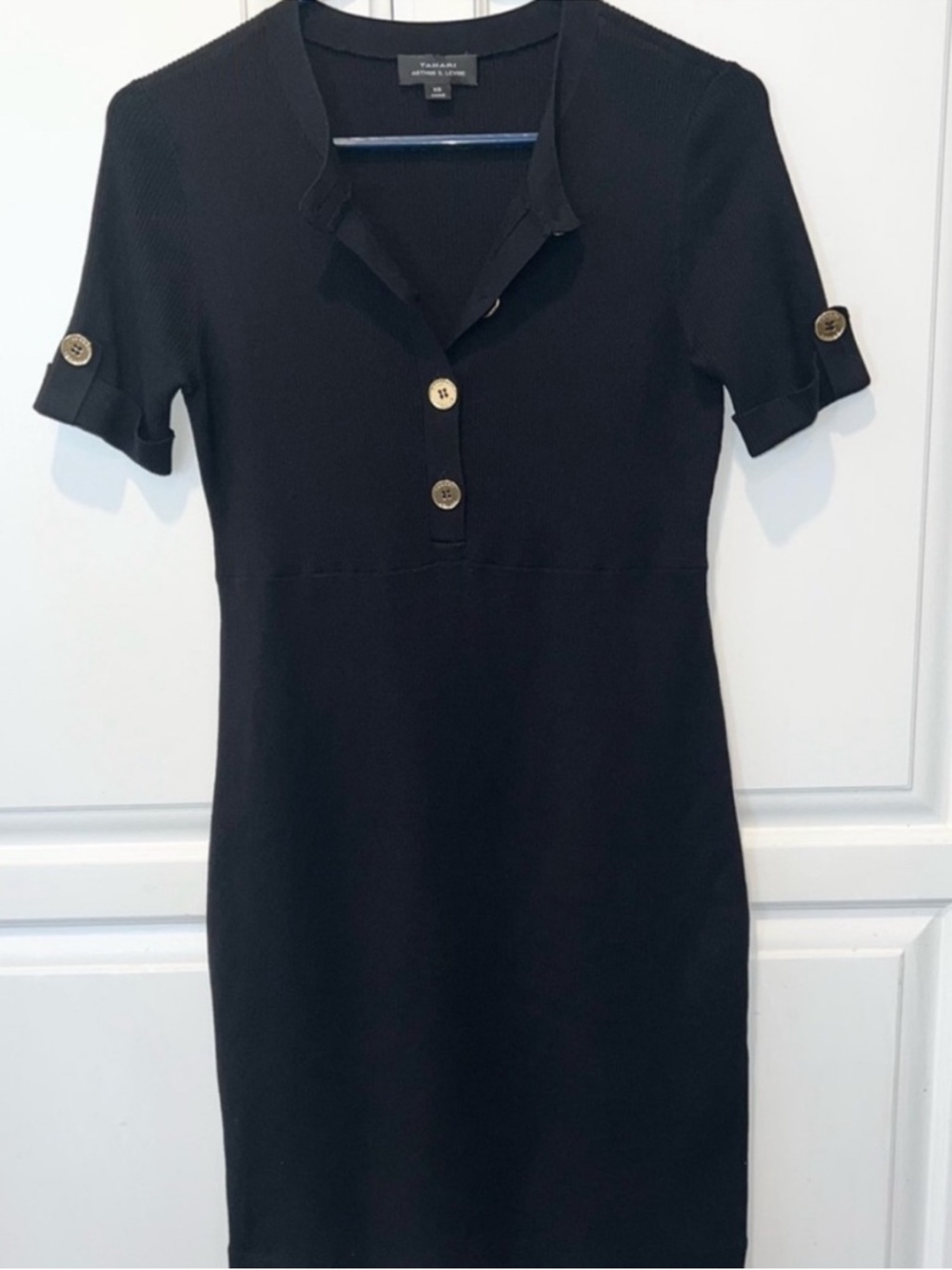 Tahari ASL Black Silk Blend Rib Knit Sweater Dress Gold Button Detail XS - Picture 5 of 9
